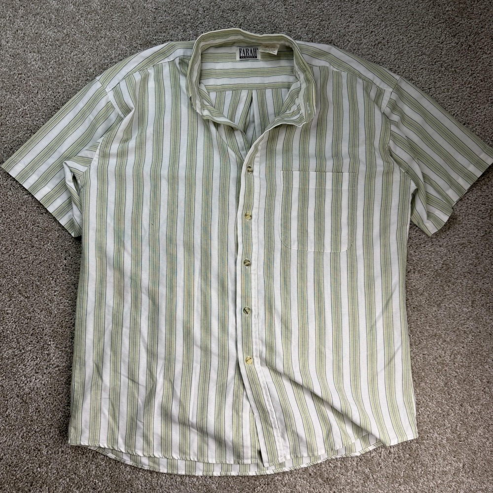 Farah Classics Shirt Mens Large Green Stripe Short Sleeve Button Up Casual